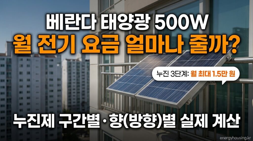 베란다 태양광 미니발전기 500W 실제 월 발전량과 누진제 구간별 절감액 직접 계산 — 향 방향·계절별 차이 포함