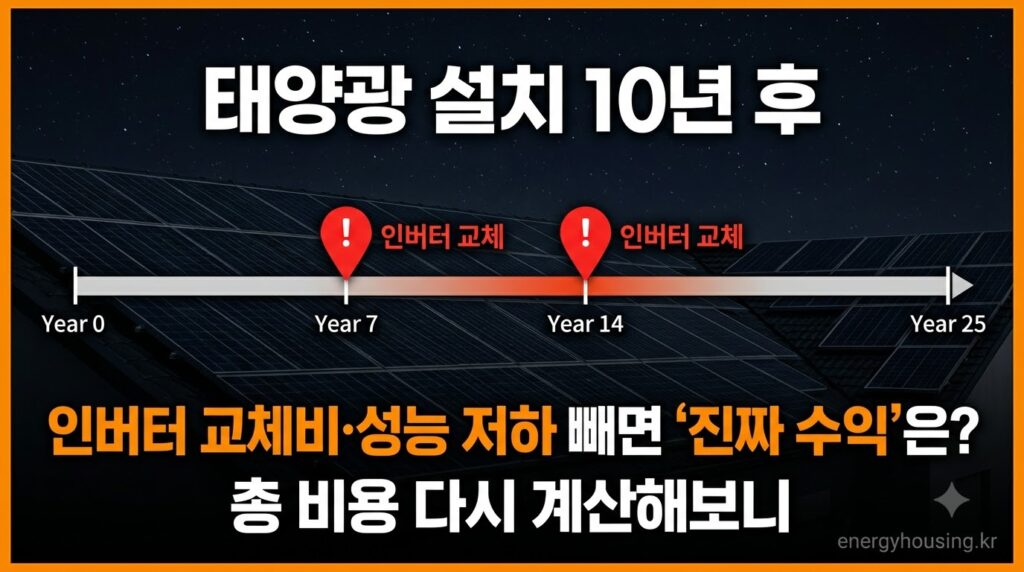 태양광 설치 후 10년 실제 총비용 — 인버터 교체비·모듈 성능저하·유지보수비 포함 회수기간 재계산