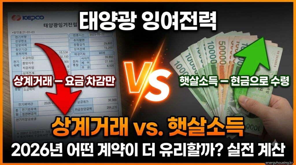 태양광 상계거래와 햇빛소득 완전판매 2026년 수익 구조 비교 — 잉여전력 현금정산 차이