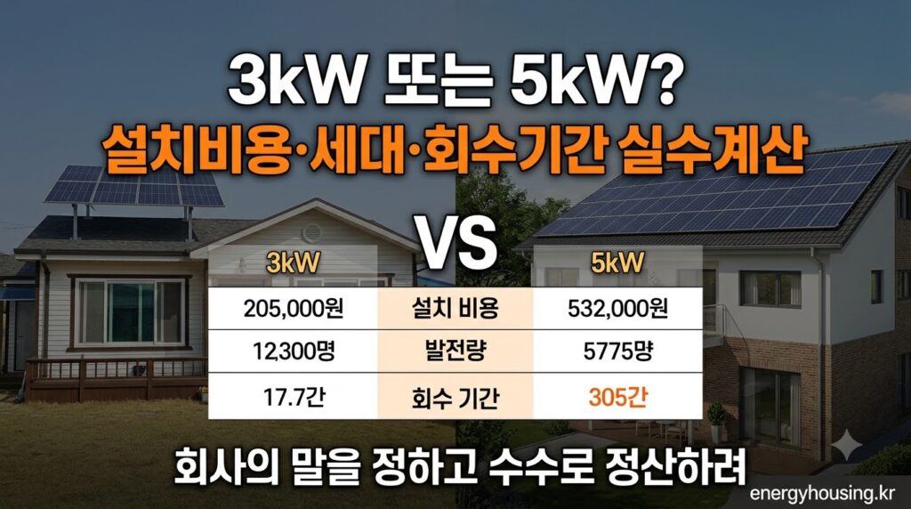 태양광 3kW vs 5kW 2026 — 설치비·발전량·누진제 절감·회수기간 실제 계산 비교표