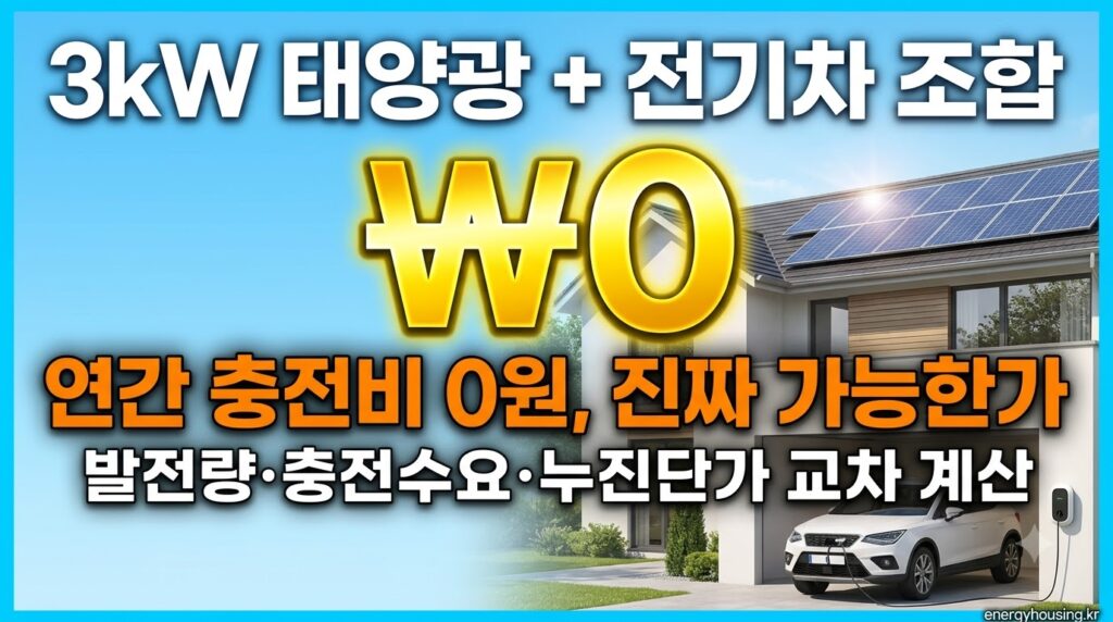 3kW 태양광과 전기차 조합 시 연간 충전비 0원 가능 여부 — 발전량·충전 수요·누진단가 교차 계산 현실 시뮬레이션